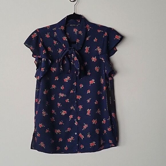 NWT Zara XS Navy Sheer Retro Coquette Neck Tie BOW Ruffle Cottagecore Blouse - Picture 2 of 13